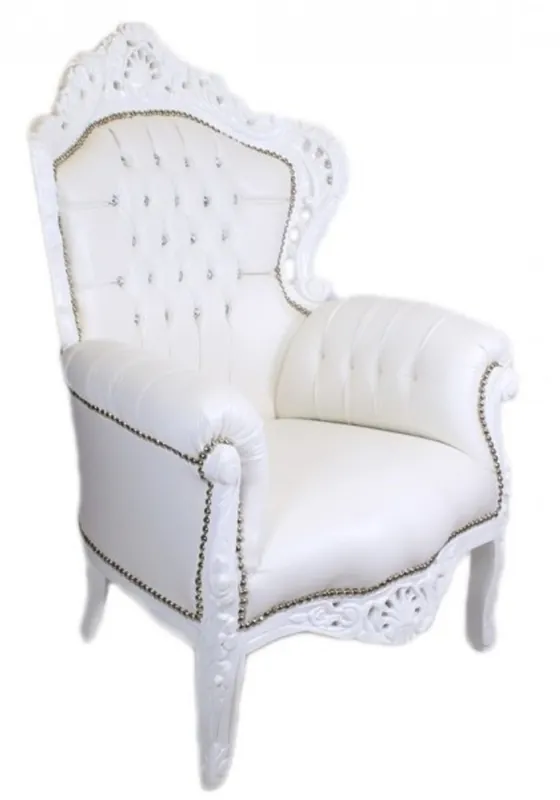 Casa Padrino Baroque Armchair King White Leather Look with Bling Bling Sparkling Stones - Luxury Baroque Furniture Versand Am Gleichen Tag