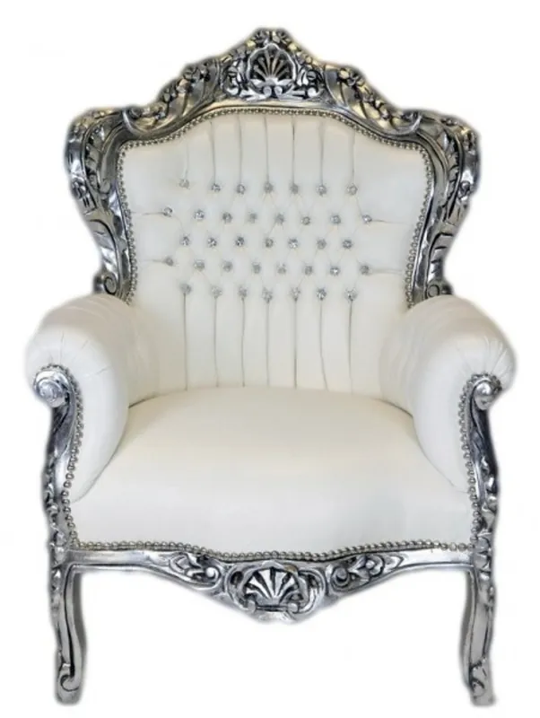 Schnäppchen Casa Padrino Baroque Chair King White Leather Look / Silver with Sparkling Stones - Baroque Lounge Furniture Casa Padrino Baroque Armchair King white leather look / Silver Bling Bling diamante - Lounge Furniture