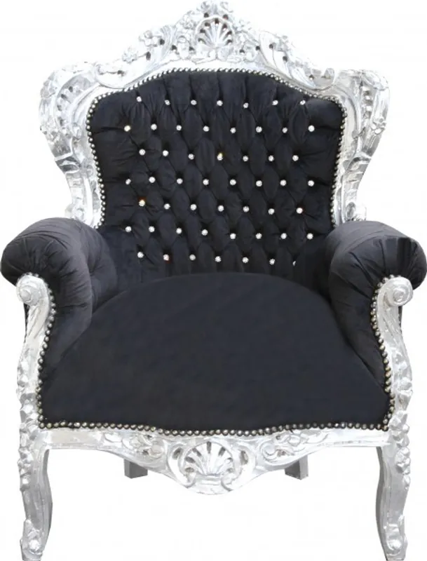 Casa Padrino Baroque Chair King Black / Silver Sparkling Stones - Baroque Living Room Furniture Schnäppchen