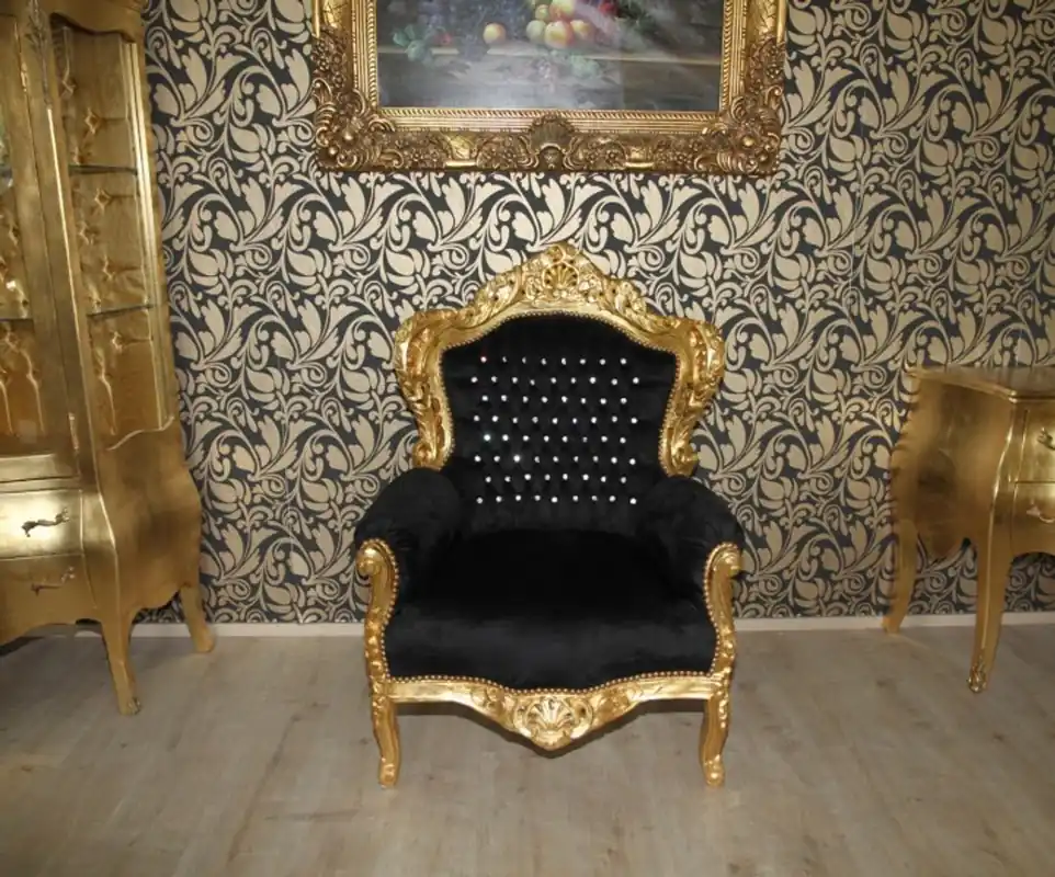 Preisknaller Casa Padrino baroque chair king black / gold with glittering stones - luxury baroque furniture