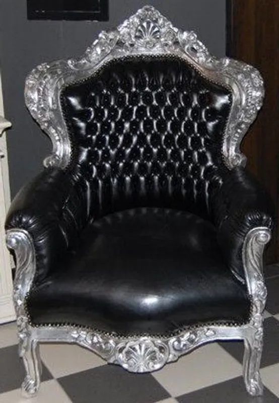 Casa Padrino Baroque Armchair King Black / Silver Leather Optic 85 x 85 x H. 120 cm - Antique Style Furniture Rabatt