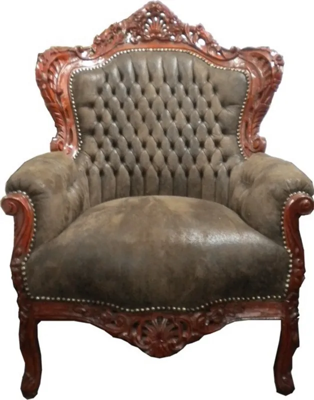 Casa Padrino Baroque Armchair King Brown Leather / Brown 85 x 85 x H. 120 cm Sonderaktion