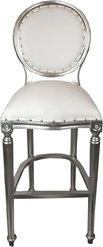 Nur Für Kurze Zeit Casa Padrino Baroque Bar Chair White / Silver leather look - high chair bar chair bar stool - Club Furniture