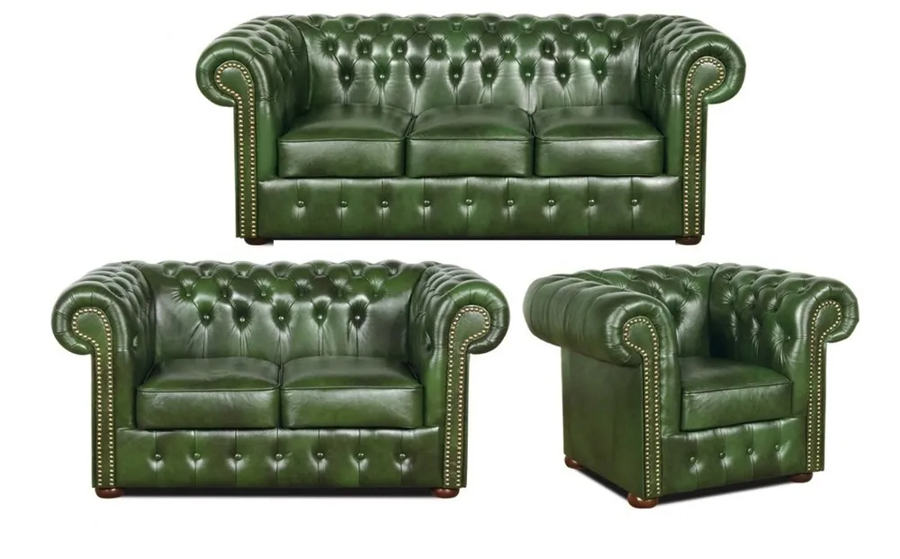 Bestpreis Casa Padrino Chesterfield Living Room Set of 3 Green - Luxury Genuine Leather Furniture