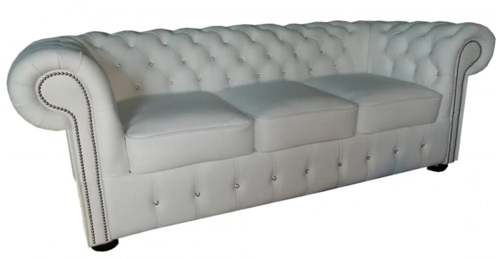 Casa Padrino Chesterfield genuine leather 3 seater sofa in white with glittering stones 200 x 90 x H. 78 cm - Luxury Furniture Super-Preis