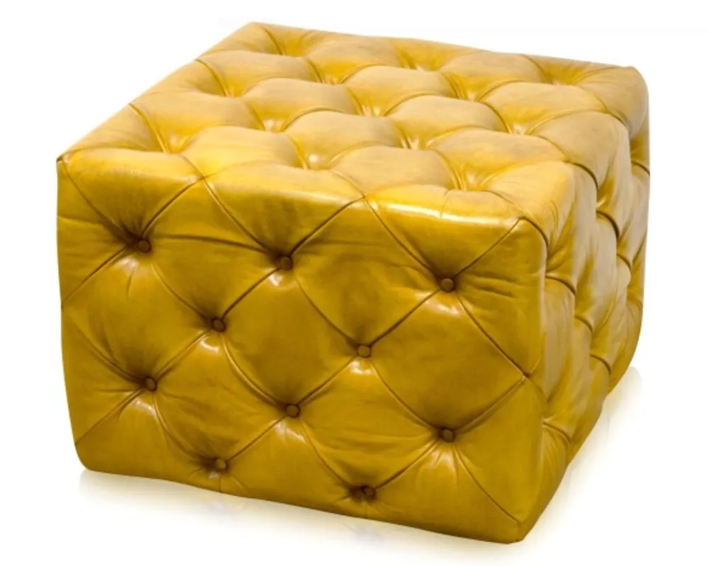 Casa Padrino Luxury Genuine Leather Footstool Vintage Yellow 64 x 64 x H. 46 cm - Chesterfield Furniture Kracherpreis