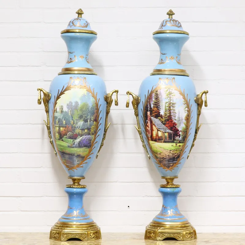 Casa Padrino Deco Vases Light Blue / Gold 30 x H. 100 cm - Baroque Style Porcelain Vases Set Sofort Bestellen