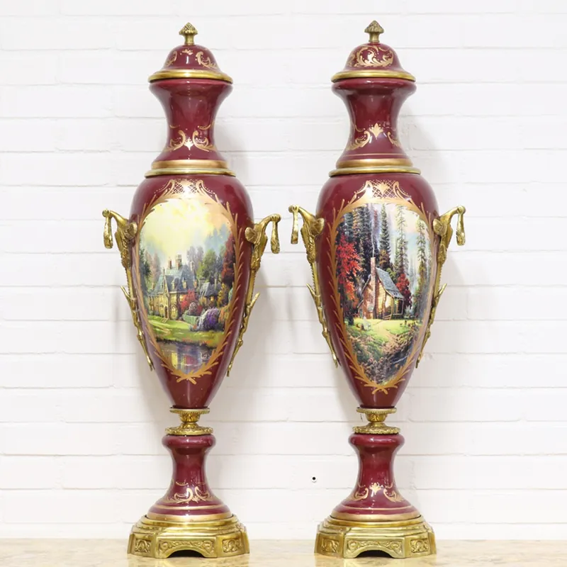 Casa Padrino Deco Vases Burgundy Red / Gold 30 x H. 100 cm - Baroque Style Porcelain Vases Set Finale Aktion