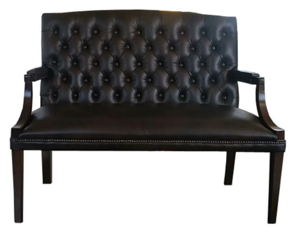Casa Padrino Chesterfield Genuine Leather 2-Seater Bench with Armrests Black / Dark Brown 120 x 60 x H. 100 cm - Luxury Furniture Finale Aktion