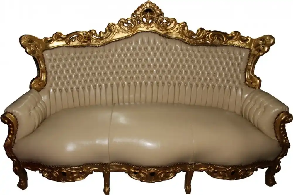 Casa Padrino Baroque master cream 3 seater leather look / Gold - Antique Style Furniture Bestpreis