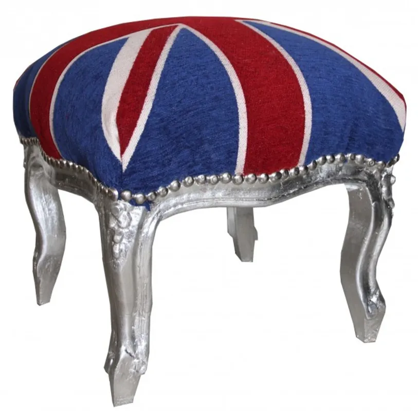 Casa Padrino Union Jack baroque escabeau / argent - tabouret anglais Jeux- style antique Angleterre Garantierte Lieferung
