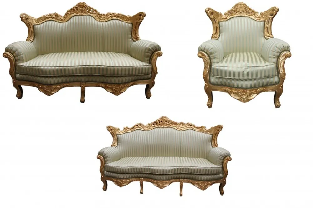 Jetzt Kaufen Casa Padrino Baroque Living Room Set jade green pattern / Gold - 3 seater +2 seater sofa + 1 chair