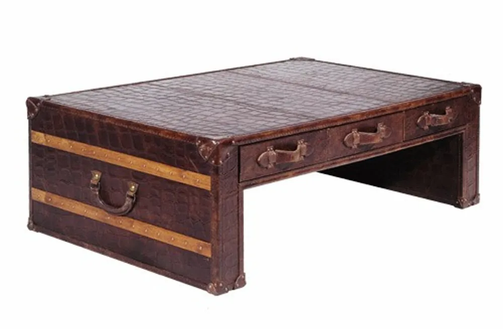 Highlight Casa Padrino Art Deco luxury real leather coffee table in croc look brown L132 x W83 x H45 cm - Real Leather Vintage Look