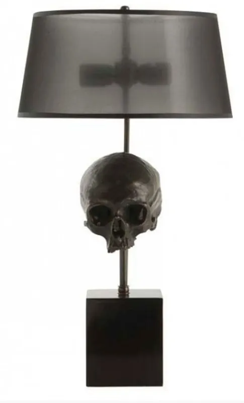 Casa Padrino lampe de table de luxe tête de mort noir / laiton antique Ø 35 x H. 77 cm - Lampe de bureau avec abat-jour ronds - Luminaires de luxe - Meuble de luxe - Intérieur de luxe Jetzt Bestellen