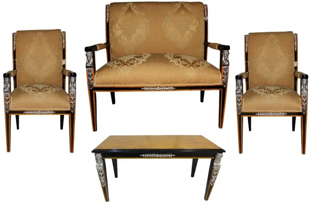 Casa Padrino Baroque Empire Salon Set of 4 Gold Pattern / Black / Mahogany / Silver - bench + 2 chairs + coffee table Saisonangebot