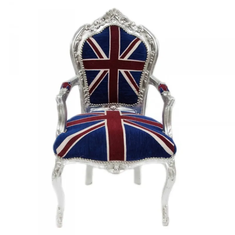 Casa Padrino baroque Chaise de dîner avec accoudoirs Union Jack / Argent - style antique Neuheit