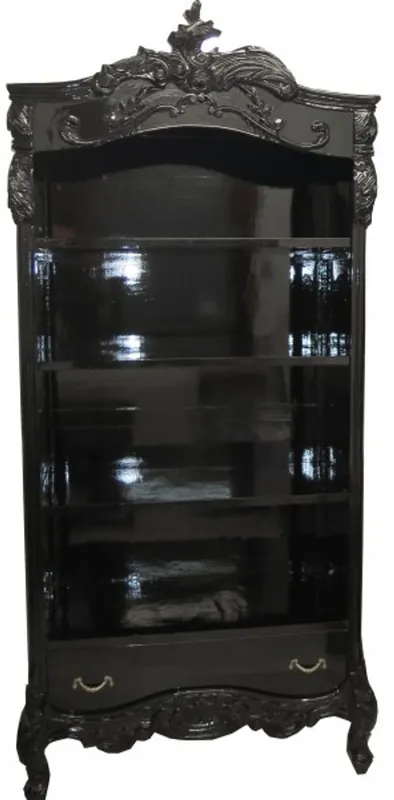 Casa Padrino Baroque bookcase Black glossy / Silver B 85 x H 190 cm bookcase shelving cabinet Beliebt