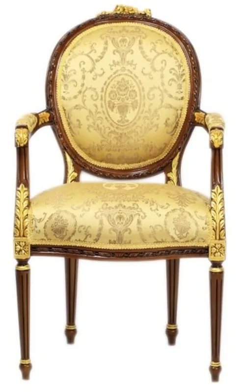Casa Padrino luxe chaise salle à manger baroque avec accoudoirs Louis XV Or Motif / Mahogany Brown - Meubles Sofort Bestellen