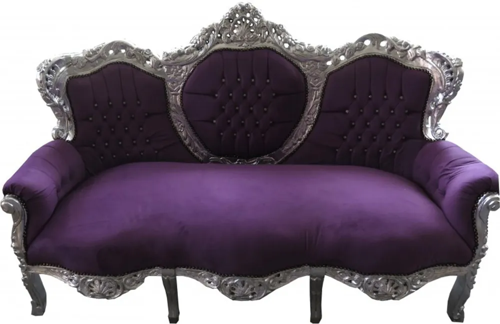 Casa Padrino Baroque 3p Sofa King Purple / Silver With Bling Bling rhinestones - Living Room Couch Furniture Lounge Schnäppchen