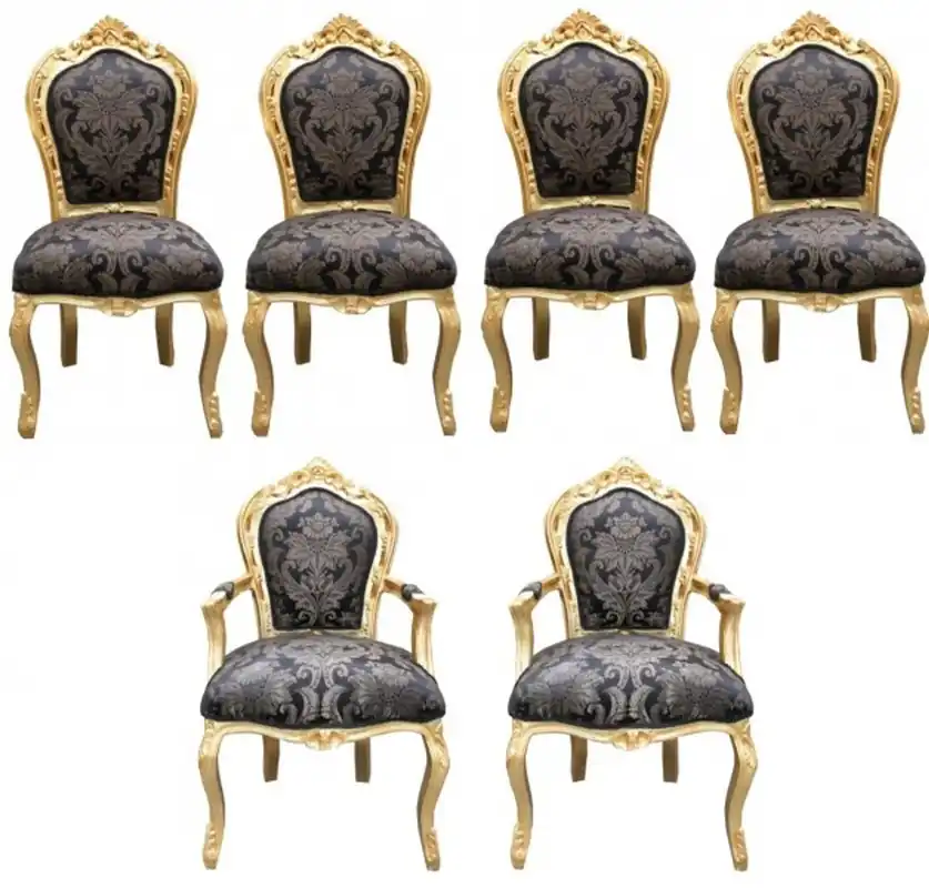 Casa Padrino Baroque Dinner Set 4 chaises + 2 chaises avec accoudoirs - style ancien Mobilier Casa Padrino Baroque Dinner Set Chair Set Black Pattern / Gold - 4 chairs without armrests 2 chairs with armrests - furniture antique style Saisonangebot