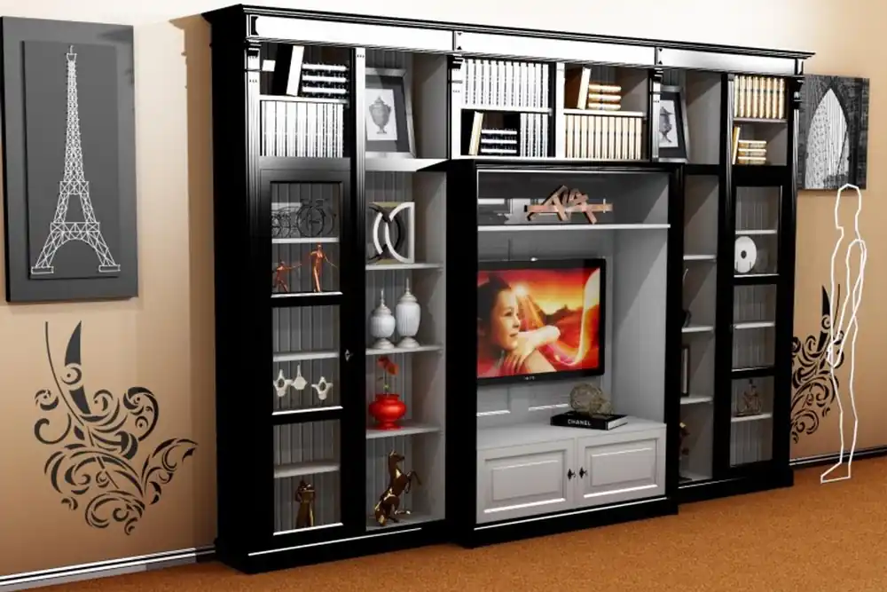 Neue Kollektion Casa Padrino luxury living room wall unit Black / White B 372 x H 255 cm bookcase shelving cabinet television TV - Art Deco Art Nouveau hotel furniture