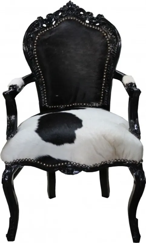Casa Padrino baroque dîner Chaise en cuir de vache / noir avec accoudoirs - fourrure véritable de vache Nur Für Kurze Zeit