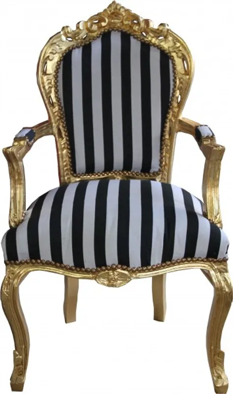Letzte Chance Casa Padrino Dîner baroque Chaise Noir / Blanc Stripes / or avec accoudoirs - Chaise de style antique