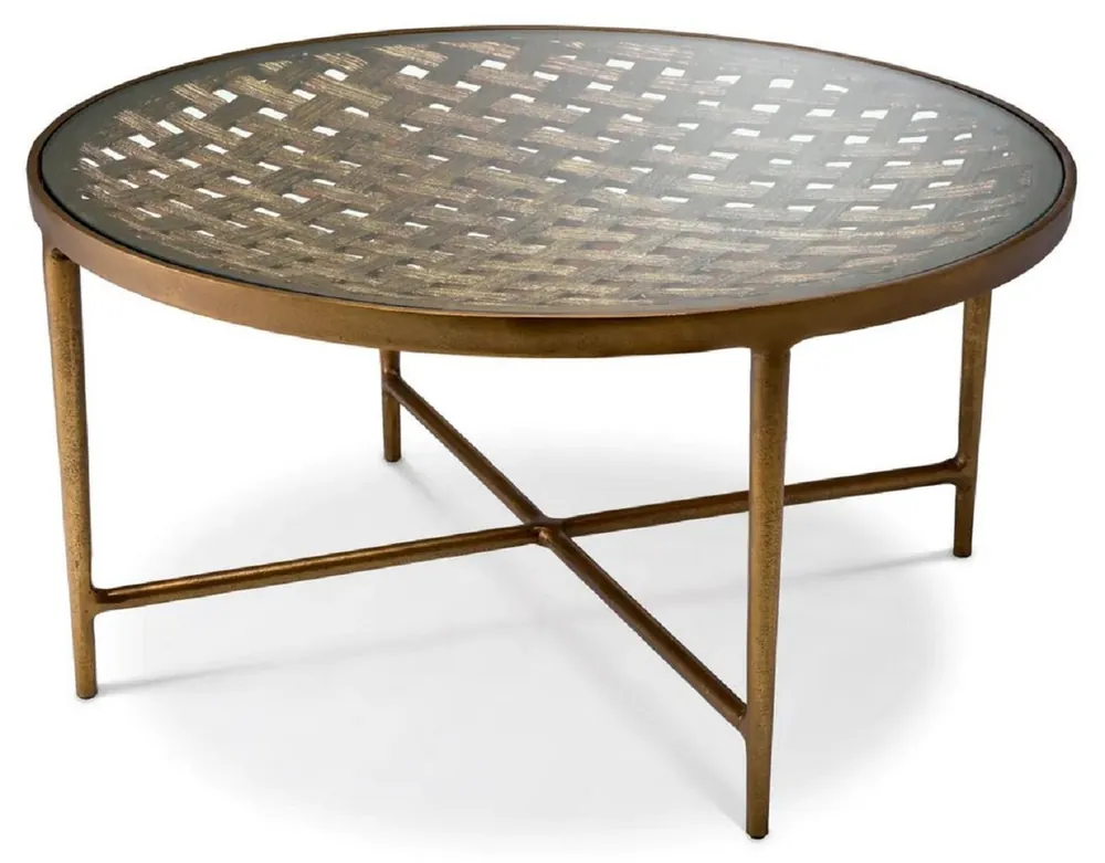 Casa Padrino luxury coffee table antique brass Ø 90 x H. 44.5 cm - Round aluminum living room table with glass top - Luxury furniture - Living room furniture - Luxury furnishings Letzte Chance