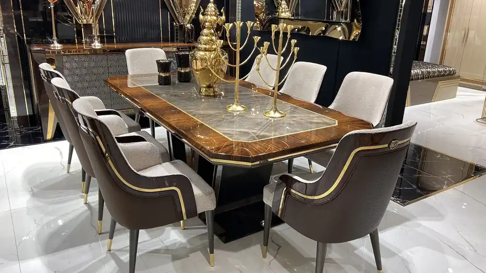 Casa Padrino Luxury Dining Room Set Gray / Brown / Gold - 1 Dining Table & 8 Dining Chairs - Luxury Dining Room Furniture - Luxury Quality Preis Gesenkt