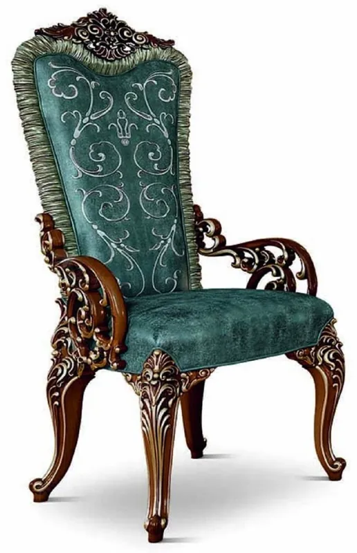 Letzte Chance Casa Padrino Luxury Baroque Dining Room Chair with Armrests Green / Brown / Gold - Made in Italy