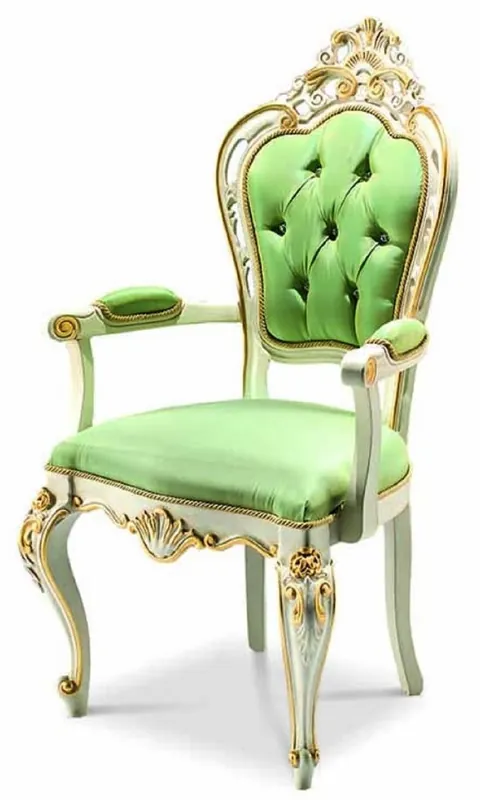 Casa Padrino Luxury Baroque Dining Room Chair with Armrests Green / White / Gold - Made in Italy Billig