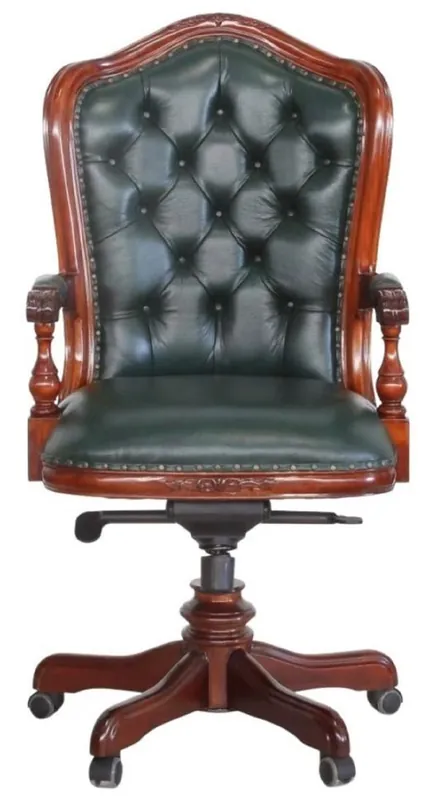 Casa Padrino Luxury baroque Chesterfield genuine leather desk chair dark green / brown H. 123 cm - Baroque office furniture Angebot