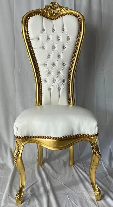 Casa Padrino baroque throne chair with faux leather and rhinestones white / gold - Baroque furniture Ausverkauf