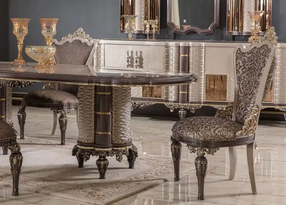 Solange Der Vorrat Reicht Casa Padrino luxury baroque dining chair set of 6 gray / brown / gold H. 110 cm - Baroque dining room furniture