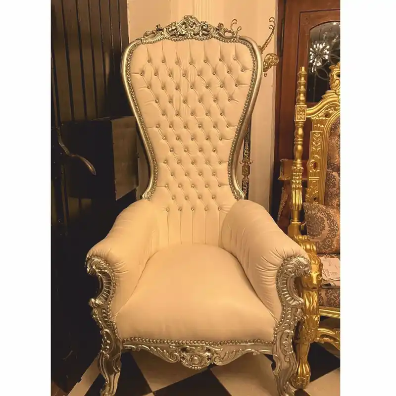 Casa Padrino baroque throne armchair with faux leather and rhinestones white / silver - Baroque furniture Preiswert