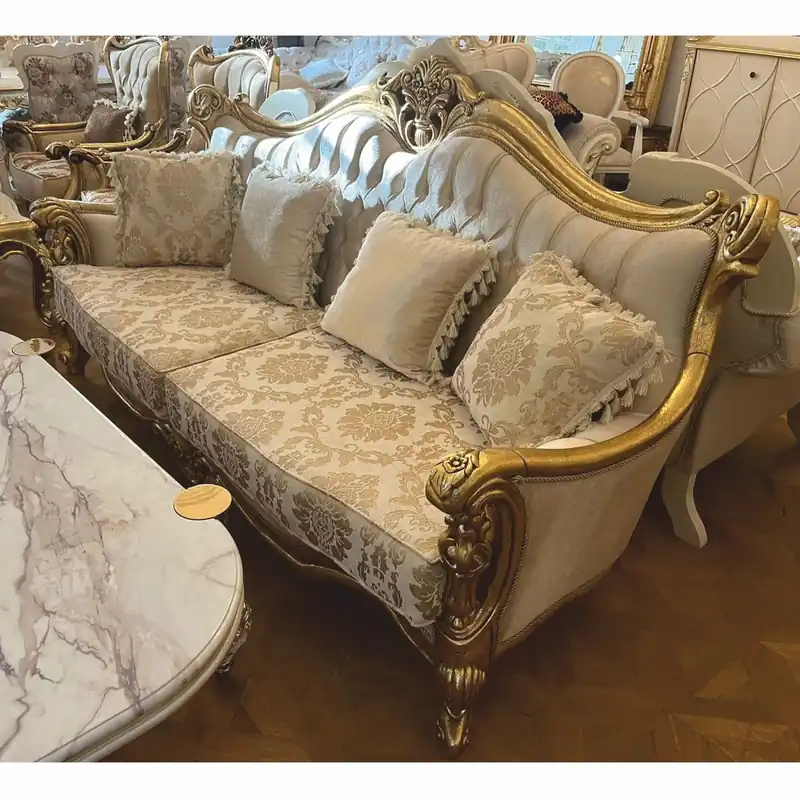 Casa Padrino luxury baroque living room sofa cream / gold 220 cm - Baroque furniture Markenware