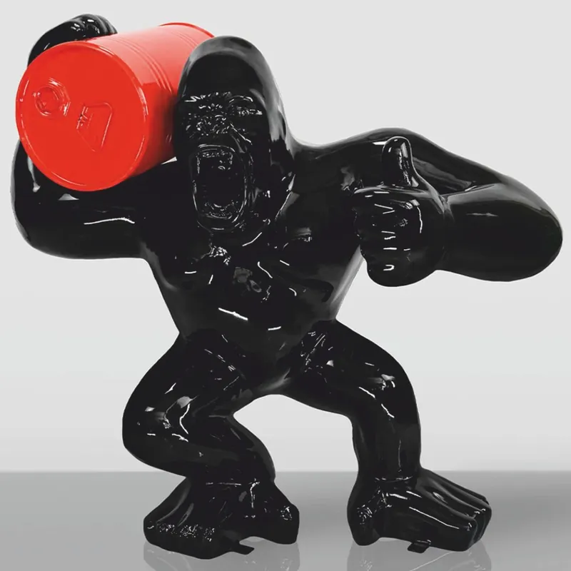 Schnäppchen Casa Padrino decorative sculpture gorilla with barrel black / red H. 110 cm - Large decorative figure