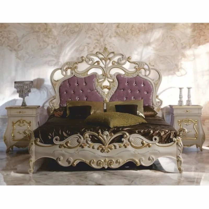 Bestpreis Casa Padrino luxury baroque double bed with 2 bedside tables cream / gold / purple - Made in Italy