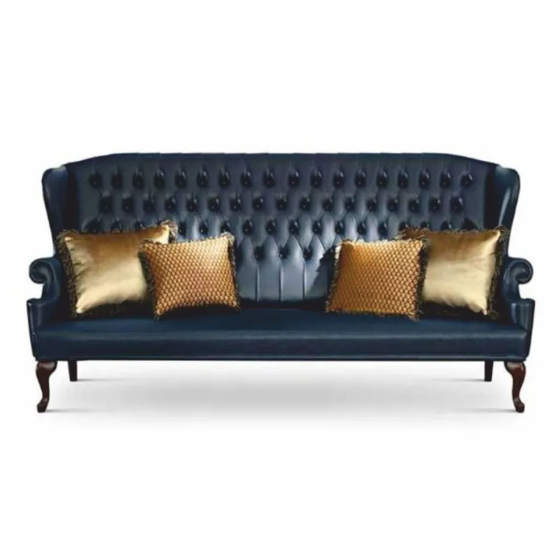 Casa Padrino Luxury Baroque Chesterfield Leather High Back Sofa Blue / Dark Brown 220 cm - Made in Italy Preisreduziert