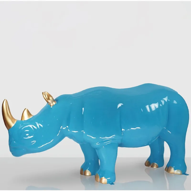 Garantierte Lieferung Casa Padrino XXL decorative sculpture rhinoceros light blue / gold 175 cm - Huge garden decoration figure