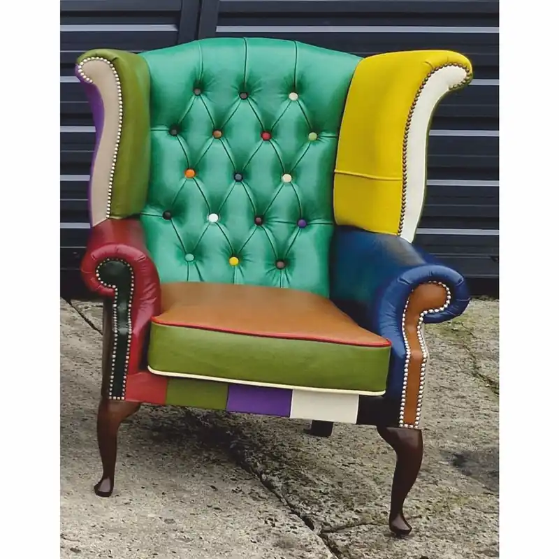 Casa Padrino luxury Chesterfield wing armchair green / colorful / dark brown - Patchwork genuine leather furniture Schnäppchen
