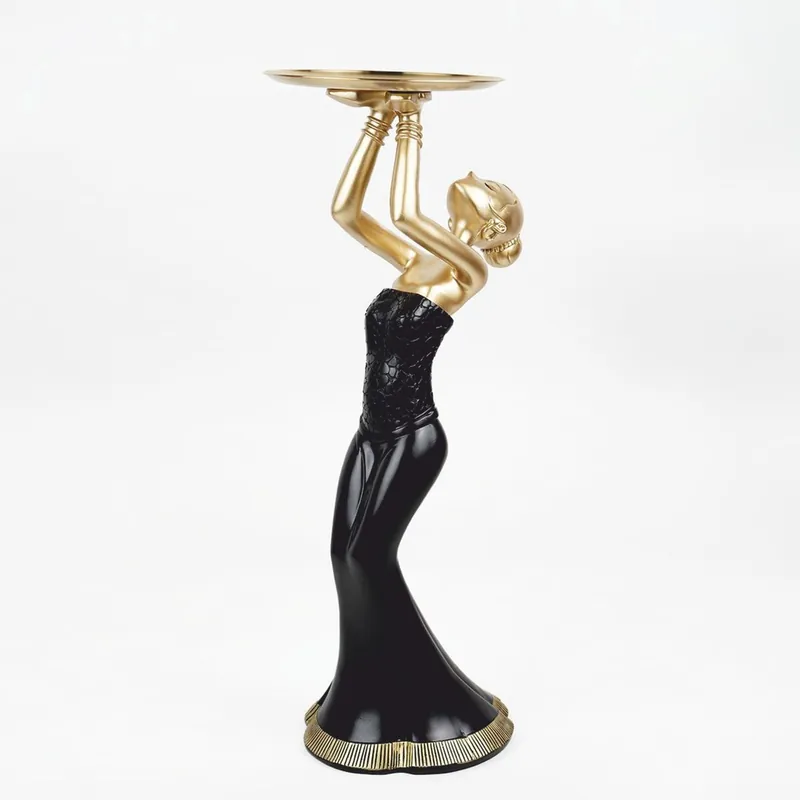 Casa Padrino Decorative Figurine Lady with Tray Black / Gold H. 85 cm - Decorative Sculpture Nur Für Kurze Zeit