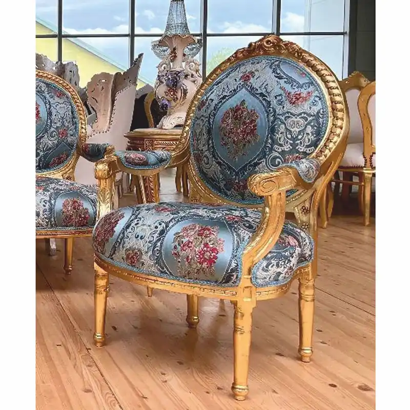 Casa Padrino Baroque Medallion Salon Chair Light Blue / Colorful / Gold H. 100 cm - Baroque Furniture Zertifiziert