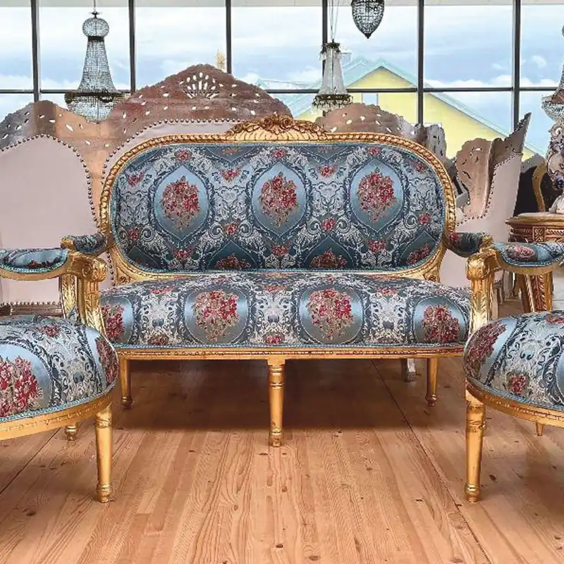 Casa Padrino Baroque 2 Seater Sofa Light Blue / Colorful / Gold 150 cm - Baroque Furniture Jetzt Bestellen