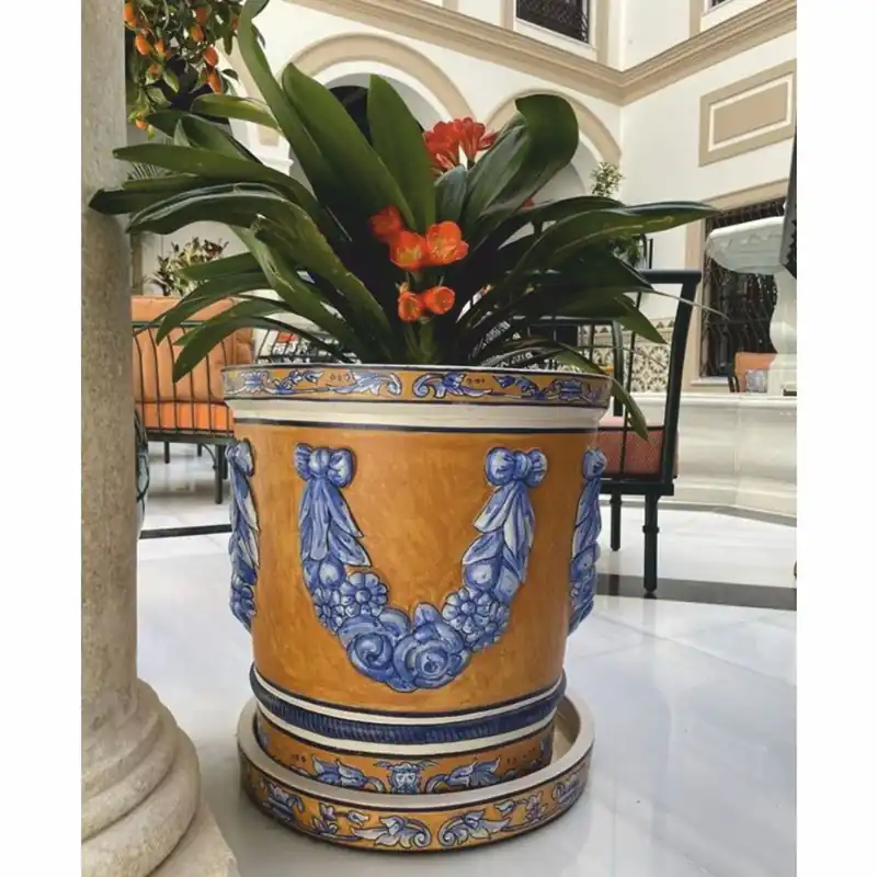Saisonangebot Casa Padrino Luxury Baroque Ceramic Flower Pot Beige / Blue / White Ø 53 x H. 54 cm