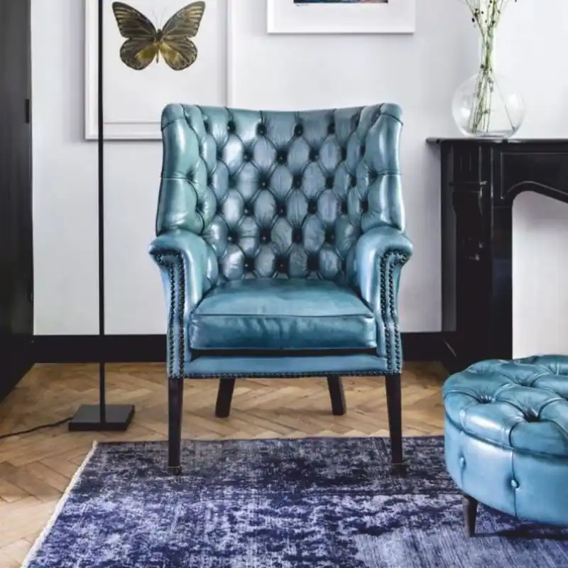 Casa Padrino Luxury Chesterfield Genuine Leather Wing Armchair Light Blue / Black H. 112 cm Günstig