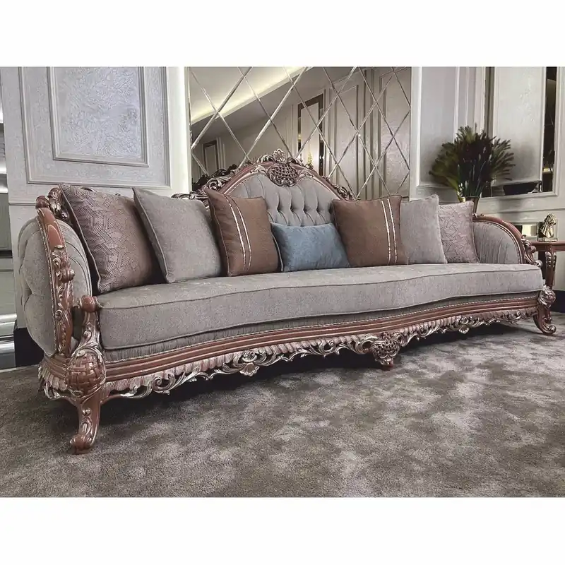 Markenware Casa Padrino divano da soggiorno barocco di lusso grigio / marrone / argento 295 cm - Mobile barocco
