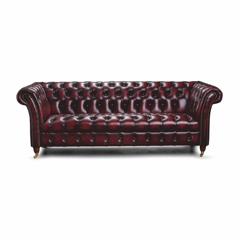 Casa Padrino Divano a 2 Posti Chesterfield di Lusso in Pelle Rosso Vino Scuro / Ottone 200 cm - Mobili in Pelle Nur Heute