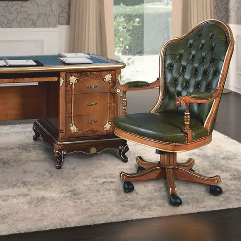 Aktuell Casa Padrino sedia da scrivania barocco Chesterfield di lusso in pelle verde / marrone / oro - Fatto in Italia
