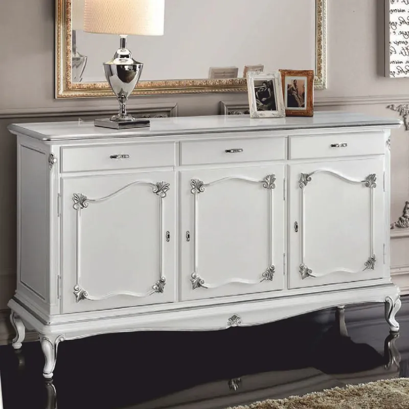 Abverkauf Casa Padrino Credenza Barocco di Lusso Bianco / Argento 180 cm - Mobili Barocchi - Fatto in Italia